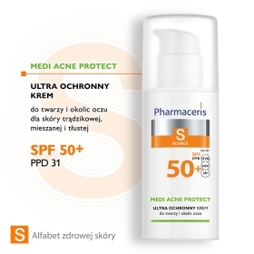 PHARMACERIS S ULTRA OCHRONNY KREM SPF 50+ do twarzy i okolic oczu dla skóry trądzikowej, mieszanej i tłustej  MEDI ACNE PROTECT 50 ml