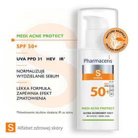 PHARMACERIS S ULTRA OCHRONNY KREM SPF 50+ do twarzy i okolic oczu dla skóry trądzikowej, mieszanej i tłustej  MEDI ACNE PROTECT 50 ml